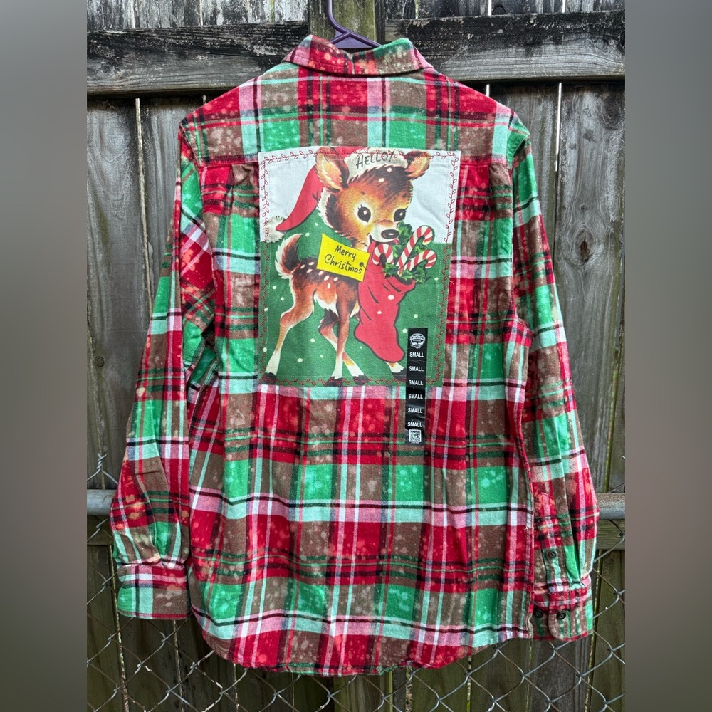 Angry Minnow Vintage flannel Plaid long sleeve with Christmas patch